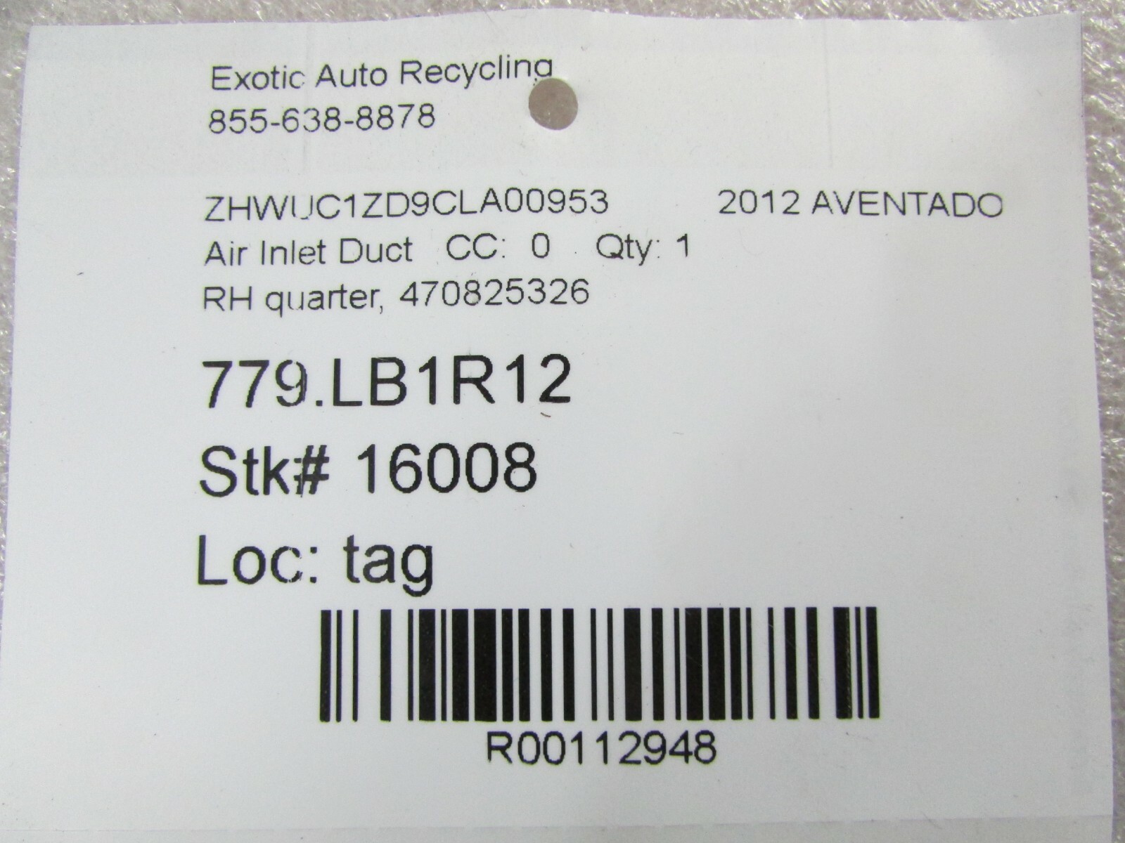 Lamborghini Aventador, RH, Right Rear Quarter Air Duct, Used, P/N 470825326