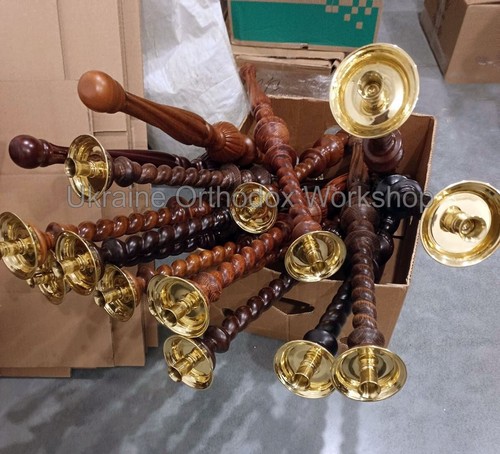 Handmade Ukrainian Wood & Brass Candlestick - Custom Finish 33.5" - Picture 10 of 14