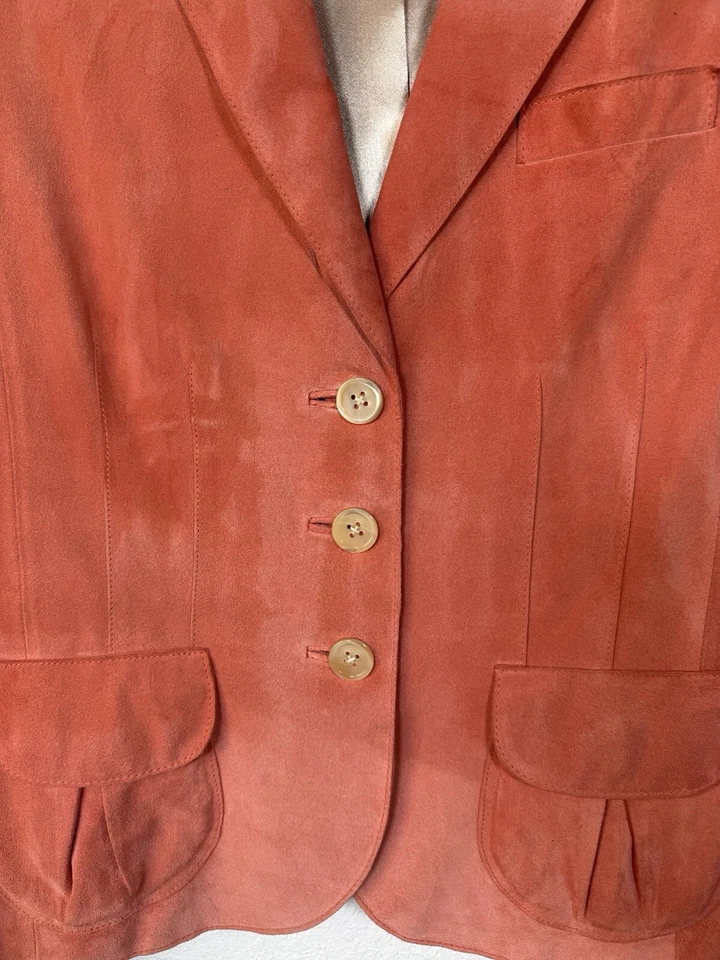 Chaqueta Blazer Ann Taylor Rosa Salmón 100% Cuero Gamuza Talla 4 Foto 2 de 4