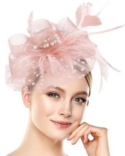 Halloween Fascinators Hat for Women Tea Party Feather Headband A-blush Pink