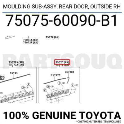 7507560090B1 Genuine Toyota MOULDING SUB-ASSY, REAR DOOR, OUTSIDE