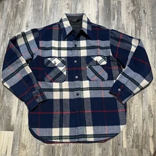 Vintage 70s JC Penney Flannel Shirt Jacket Men's Size Large Plaid Blue Black Red