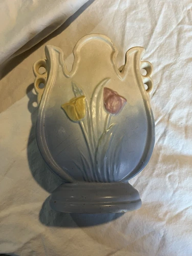 Vintage Hull Pottery Vase Pink Peach Yellow Blue 40’s 9” RARE Handle