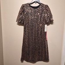 Eliza J Size 8 Black with Rose Gold Sequin Puff Sleeve Mini Dress NWT