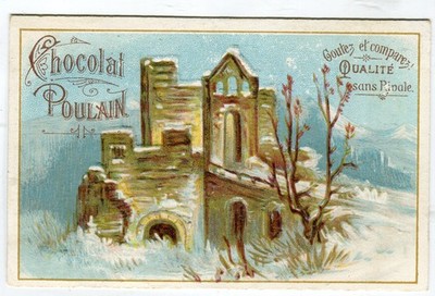 GlanzbilderOblaten scraps Karte Landschaft Burg im Winter  Poulain 10 cm