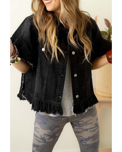 Azura Exchange Black Raw Edge Ruffled Short Sleeve Denim Jacket Women - Imagen 4 de 48