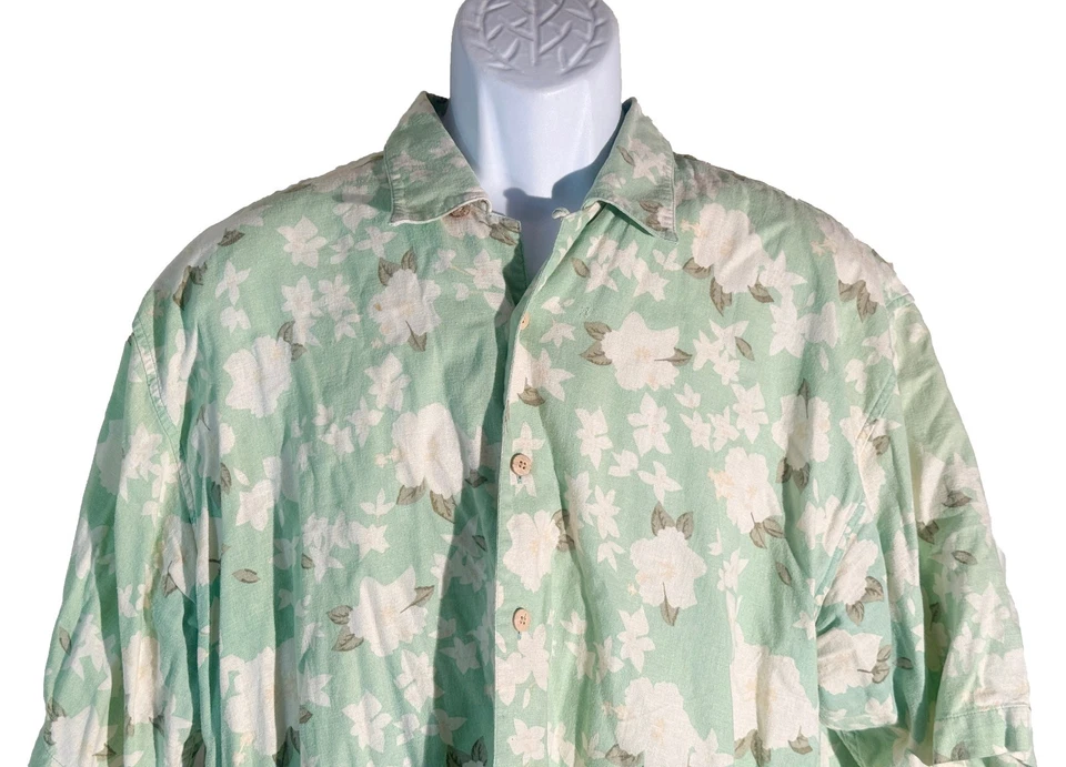 Statements Short Sleeve Floal Button Down Shirt Green White XL - Image 2 of 4