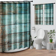Turquoise Wooden Shower Curtain Set, Teal Green Blue Bathroom Window Waterpro...