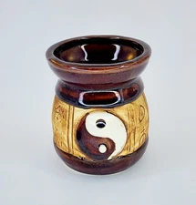 Ying Yang Sign, Brown Glazed Pottery Dish/planter, Mug, Feng shui 4" Tall