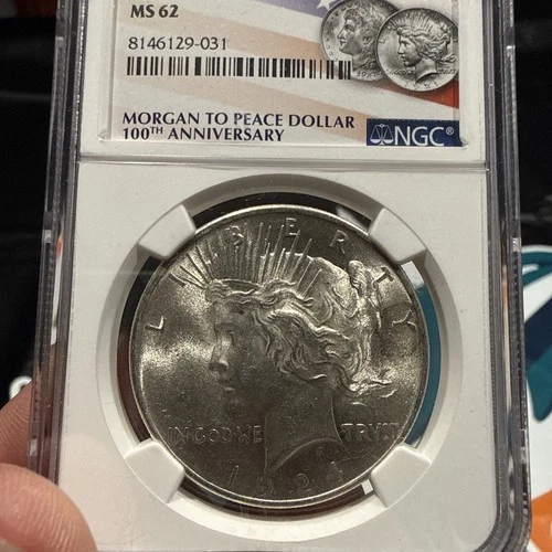 1924 MS62 MS 62 Peace Silver Dollar NGC Flag 2021 100th Ann Label *0221