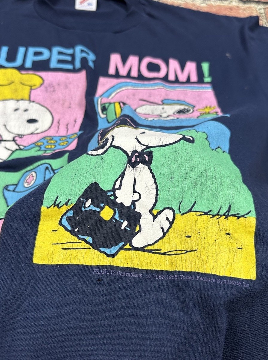 Vintage Peanuts Snoopy Super Mom T-Shirt Navy Blue Men