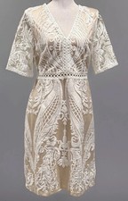 NWT Sheilay Women’s White Embroidered Sheer Overlay A-line Dress Tan Liner Med