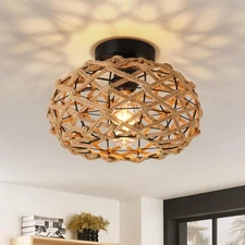 Rattan Ceiling Light Fixtures, Woven Wicker Semi Flush Mount Ceiling, Coastal...
