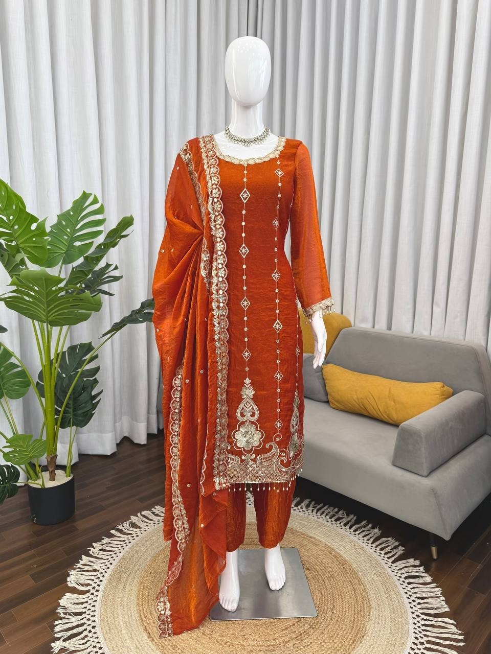 New Stylish Fendy Silk Orange Salwar Kameez With Dupatta For Function Wear thumbnail 2