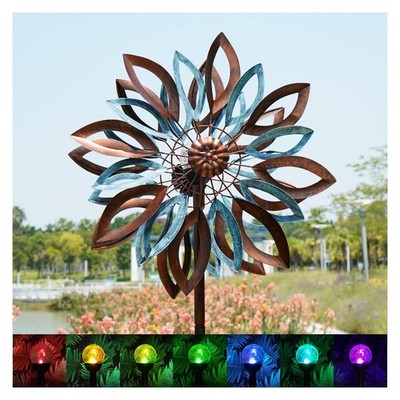 Garden Wind Spinners Solar Lights 22 W x 87 H Outdoor Metal Cyan Oasis Yard Lawn