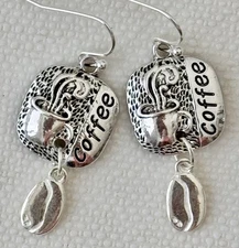Etched Silver Cup of Coffee and Coffee Bean Earrings for Coffee Lovers