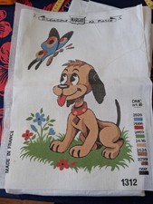 Ancien Canevas pour enfants  à broder- Dessin animé-Chien-création Margot