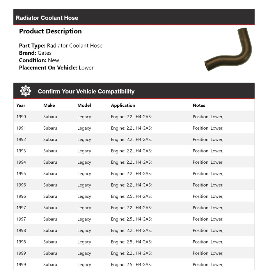 Manguera de refrigerante de radiador para Subaru Legacy 1990-1999 puertas inferiores 1991 1992 1993 Foto 2 de 4