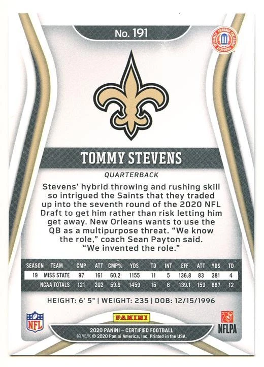 2020 Panini Certified #191 Tommy Stevens Mirror Teal Saints Rookie Card RC /50 - Image 2 of 2