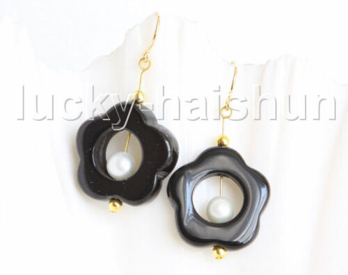 natural Dangle 10mm white pearls black agate Beaded Earrings 14K hook j11477 - Picture 2 of 2