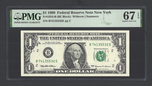 United States-Federal Reserve 1 Dollar 1999 Fr#1924-B (BE Block) UNC Grade 67