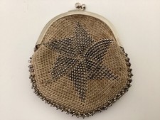 Antique Cut Steel Bead Flower Design Leather Lined Coin Purse