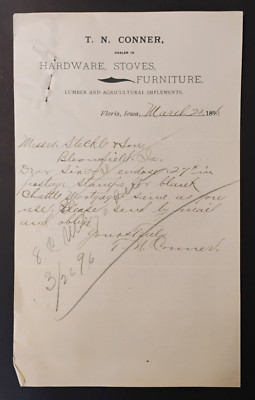 1896 T. N. Conner Hardware Stoves Billhead Invoice Floris, Iowa