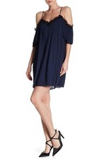 alice +olivia navy, pleated off shoulder mini dress size S