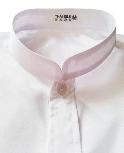 Men's Mandarin Collar Thai Silk Dress Shirt White Long / Short Sleeve Small-3XL - Picture 7 of 16
