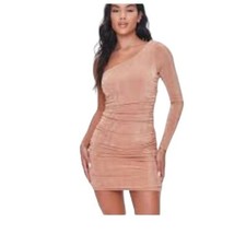 NWT Forever 21 Ruched One-Shoulder Dress in Tan Size Small