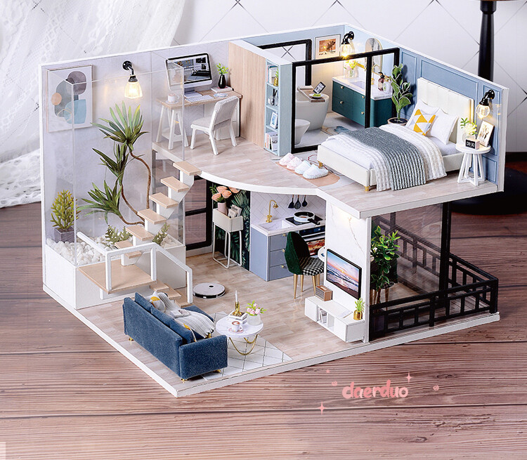 BJD Two layers Doll House Wooden Miniature dollhouse Furniture Kit Toys Gift