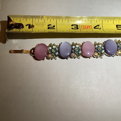 Vintage Moonstone Bracelet with Rhinestones, Auqua Enamel Flowers BSK - Picture 2 of 8