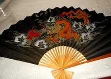 Large Vintage Machine Painted Decorative Asian Folding Wall Fan 59"W x 36" Tall.