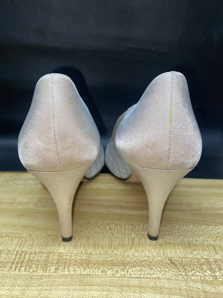 Nina Cream Satin Silver Glitter 3.5” Heels Leather Sole Sz 7.5 Open Toe Formal - Image 3 of 4