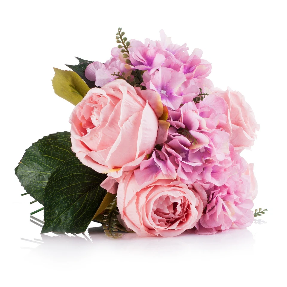 Arreglo floral de hortensia y peonía de seda rosa en florero de vidrio con agua sintética Foto 3 de 4