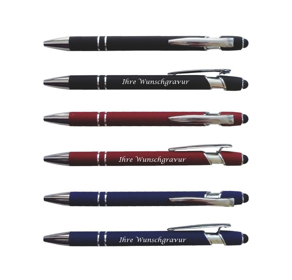 3X Touchpen-Kugelschreiber Aus Metall Mit Gravur / Je 1X Schwarz, Rot, Blau-image