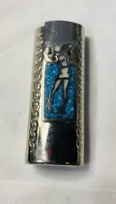 Vintage Silver Tone Golfer Chip Turquoise LIGHTER Cover Sleeve Case