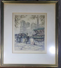 Vtg Signed Original Austrian Artist HANS FIGURA Etching "Paris,Notre Dame"Framed