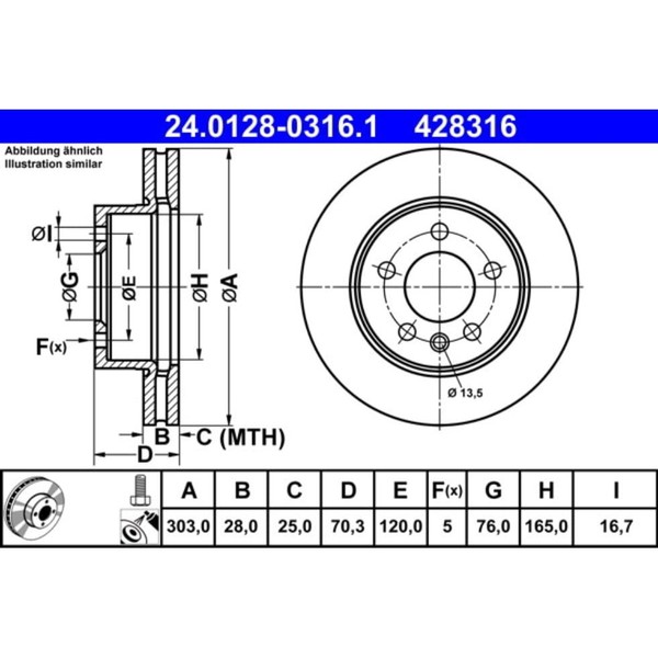 Bremsscheibe ATE 24.0128-0316.1 (2 Stk.) FüR VW Crafter Grand California Camper-image