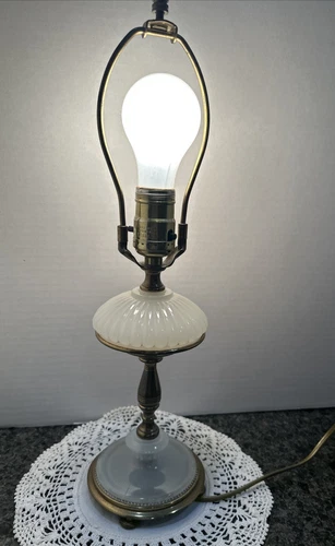 Vintage Milk Glass And Brass Footed Table Lamp~Working