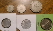 1949 1954 1968 ISRAEL LOT OF SIX COINS: 1-10-25-50-250 PRUTA + 1 LIRA