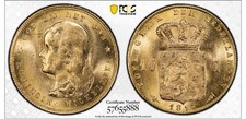 1897 NETHERLANDS 10 G GOLD COIN PCGS MS64 TOOTHED BORDER 2214.13 per troy oz