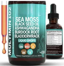 Sea Moss Liquid Drops Supplement with Black Seed Oil Ashwagandha Burdock Root & 