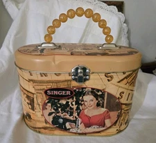 Singer Sewing Retro Beaded Handle Sewing Tin