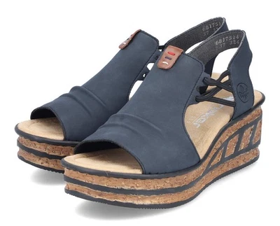 Rieker Sandale Blau Plateau Sandalette Gummizug Keilabsatz Slipper 68175-14 - Bild 1 von 4