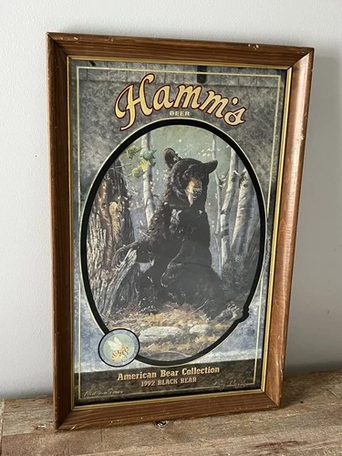 Vintage 1992 Hamm’s Pabst Beer American Bear Collection Mirror Sign - Black Bear