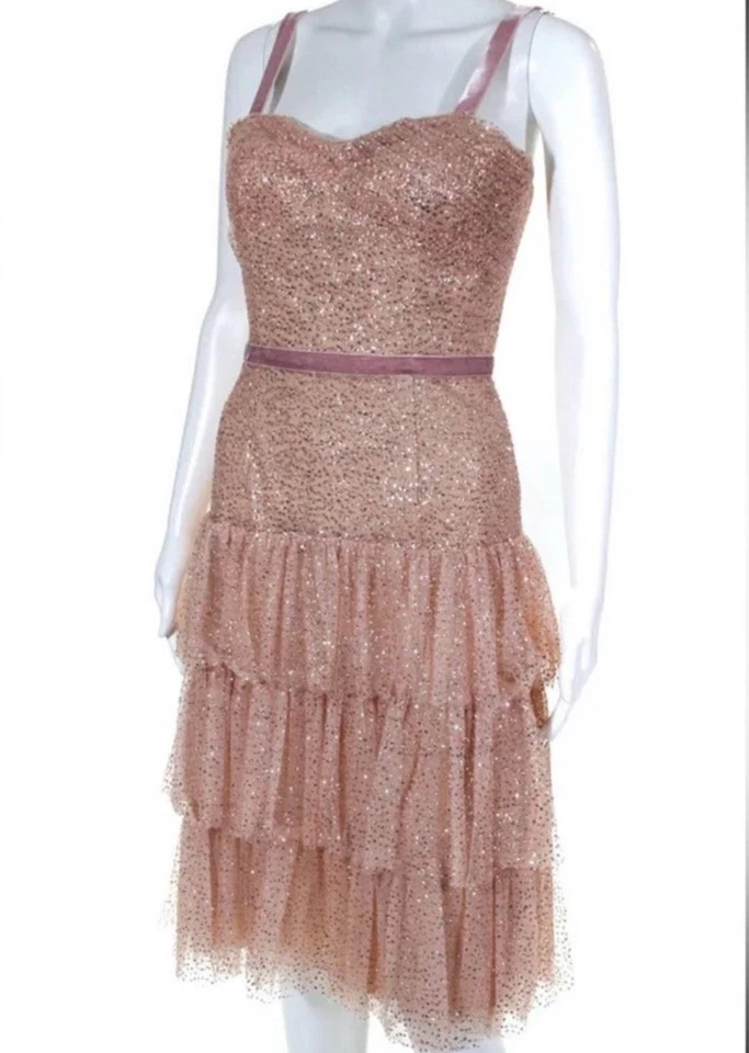 Vestido midi para mujer Marchesa Notte rosa en capas talla 6 nuevo con etiquetas en bolsa de ropa original Foto 2 de 4