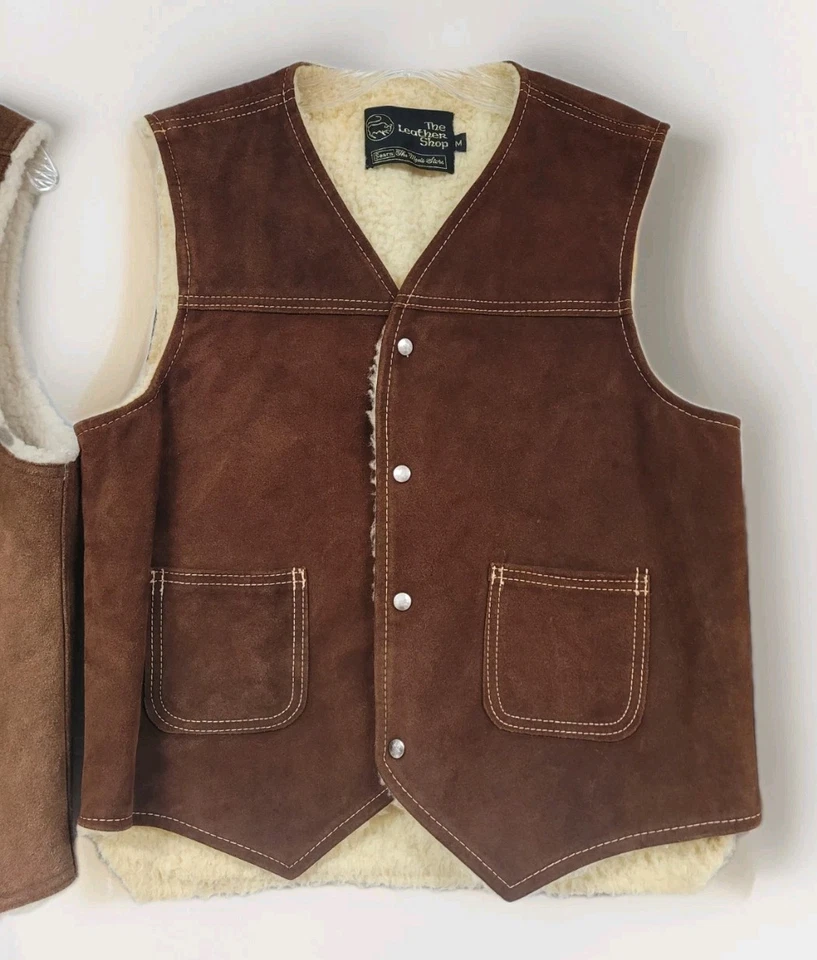 LOT OF 4 VINTAGE LEATHER SUEDE VESTS WESTERN CORDUROY SHERPA LINED SNAPS ADULT - Image 4 of 4