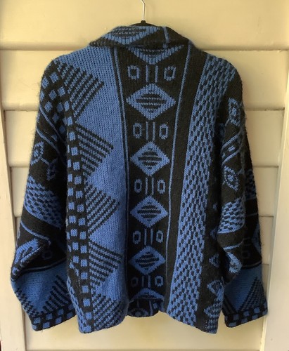 Mixage Vtg 80’s Cardigan Blue Wool Mohair Geometric 36 12 M Kimono Sleeve Jacket - Picture 7 of 9