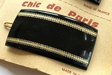 Vintage Barrette - Black Barrette with Gold Design Tige Boule Closure - France